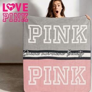 Victoria's Secret PINK LOGO varsity Stripe Sherpa Reversible Blanket Pink & Gray